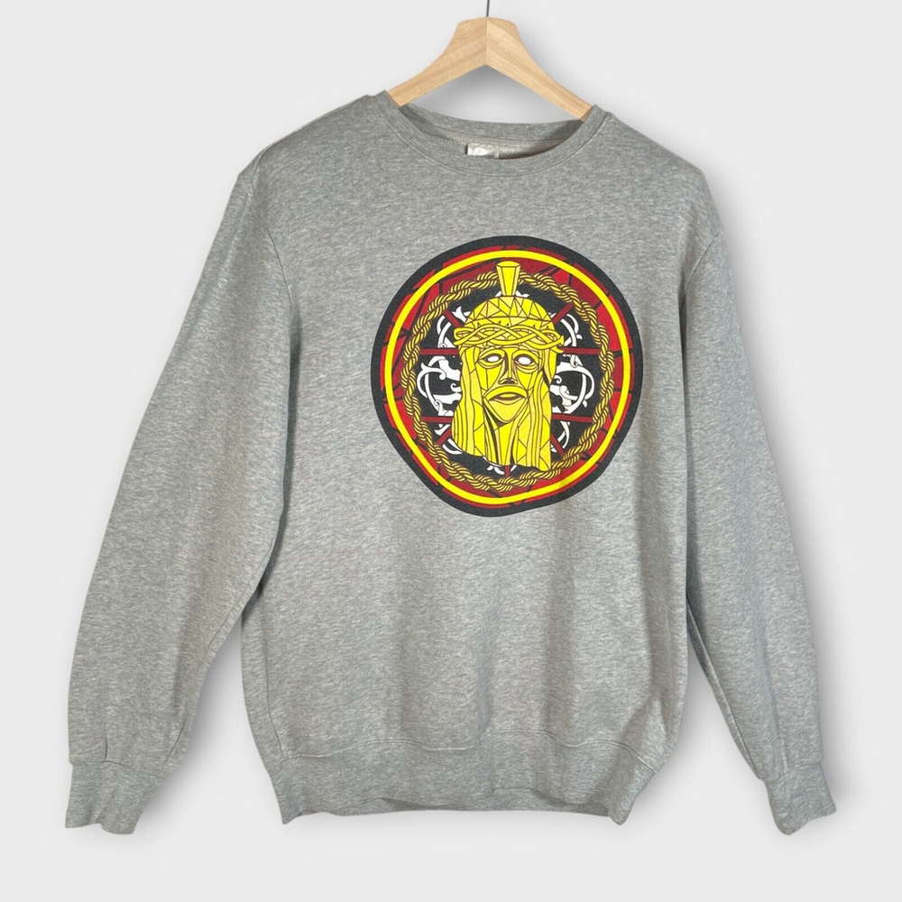 CROOKS & CASTLES Stained Jesus Piece Sweatshirt Mens MEDIUM Gray Crew Skate